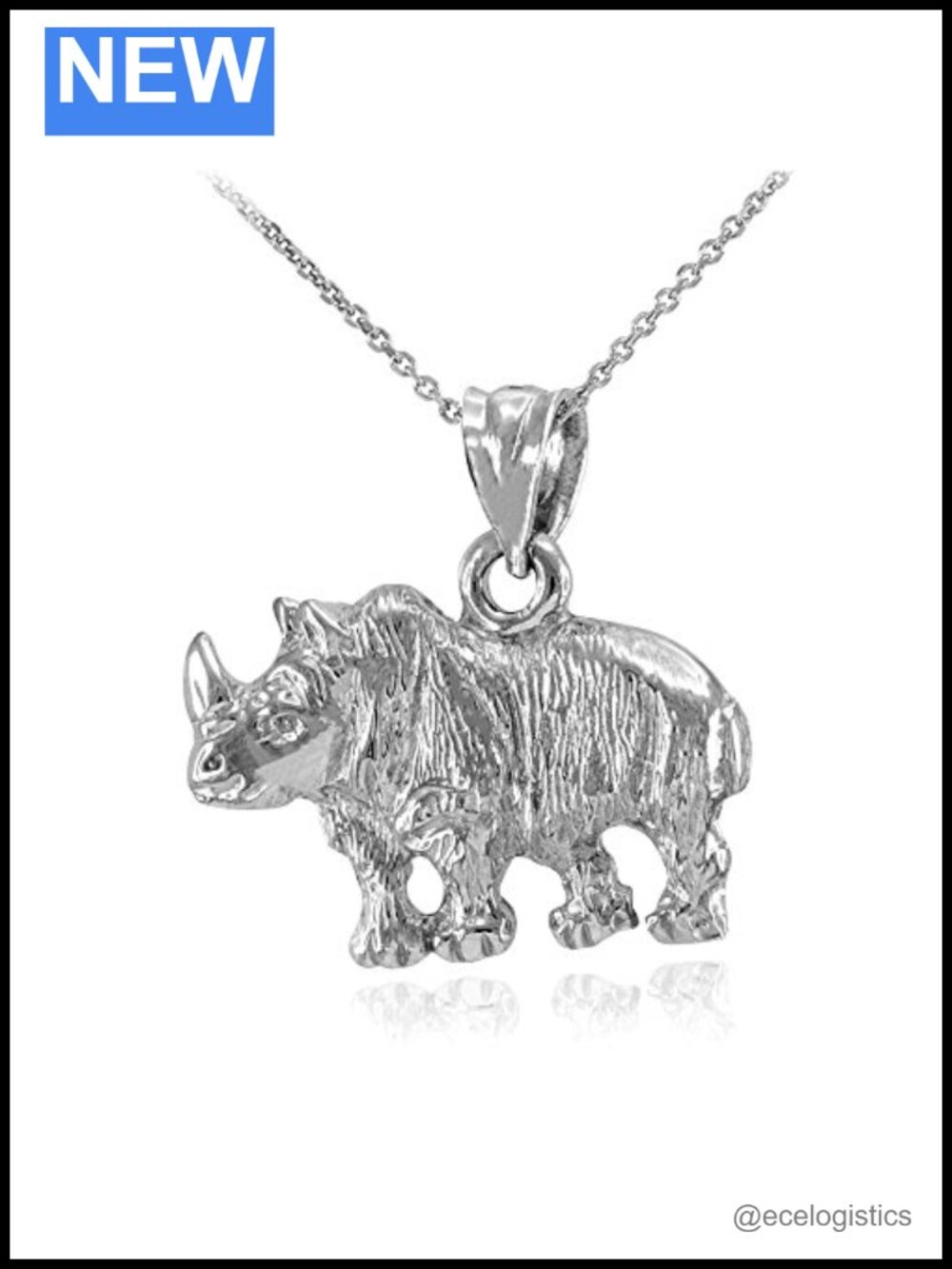 925 Sterling Silver African Rhino Pendant Necklace 18 Inch Rolo Chain